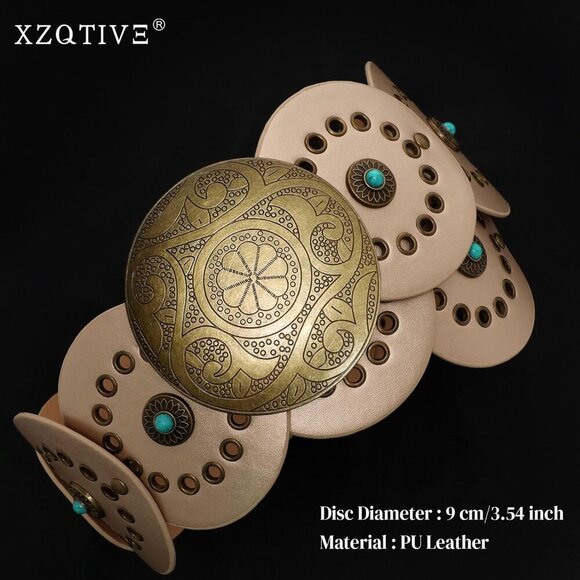Woman\'s Western PU Leather Belts Concho Disc Wide Waist Belt Gold Bronze Buckle main image 4